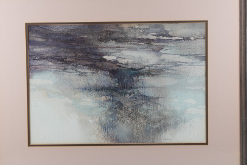 Mid Century Blue Abstract Watercolor Signed Robert Cremins gallery