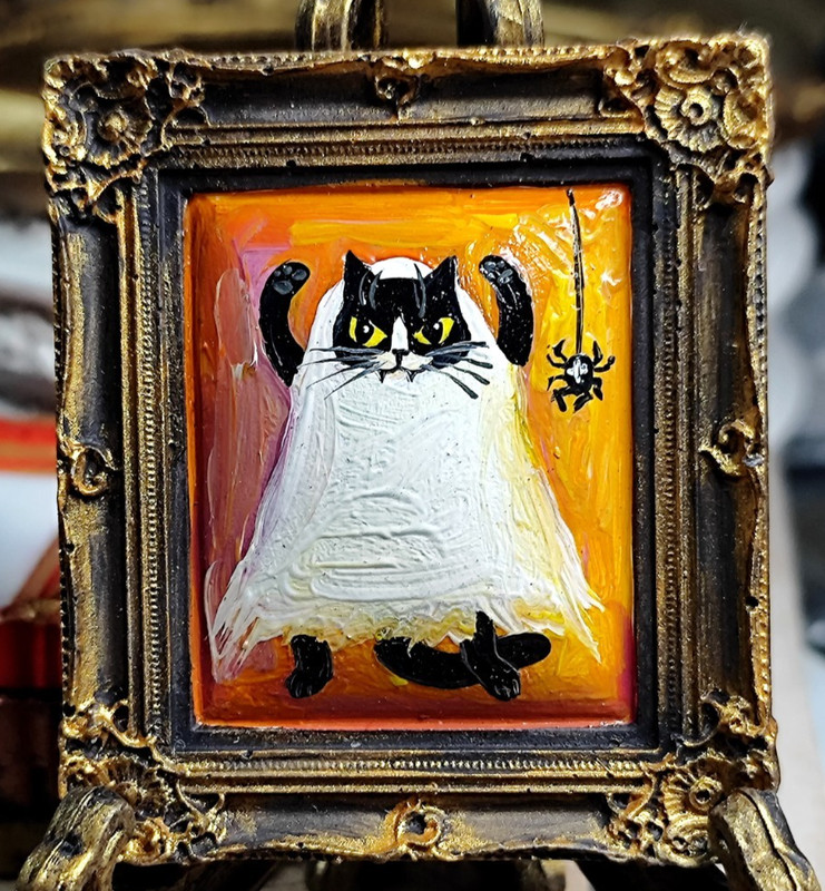 Ghost Black Cat Original Mini Oil Painting Framed Halloween Wall Art Cat Gift