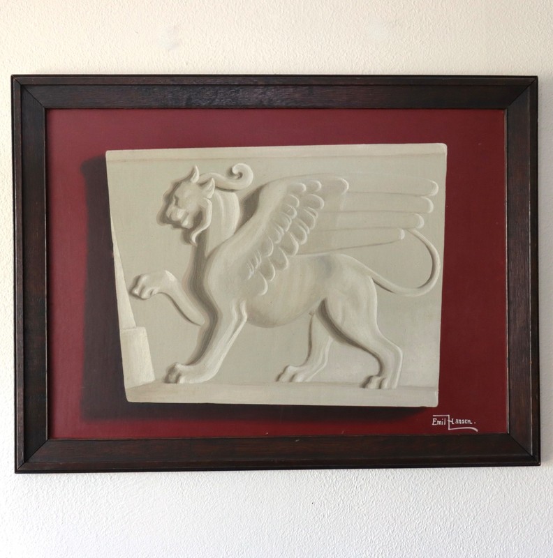 1920s Emil Hansen Trompe l’Oeil Painting Carved Stone Lion Classical Antique Vtg