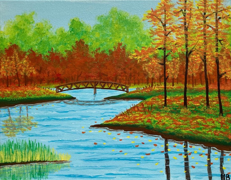 Fall Lake Autumn Trees Leaves Bridge Landscape Original Acrylic Painting 11×14