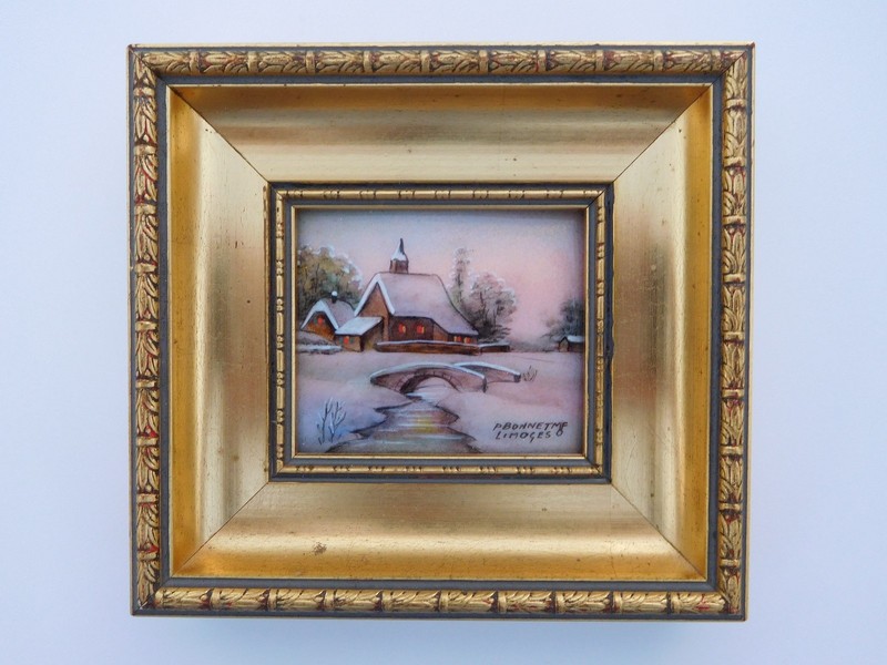 Beautiful 1900s French Enamel Copper Winter Snow Bridge Cottage Church Painting