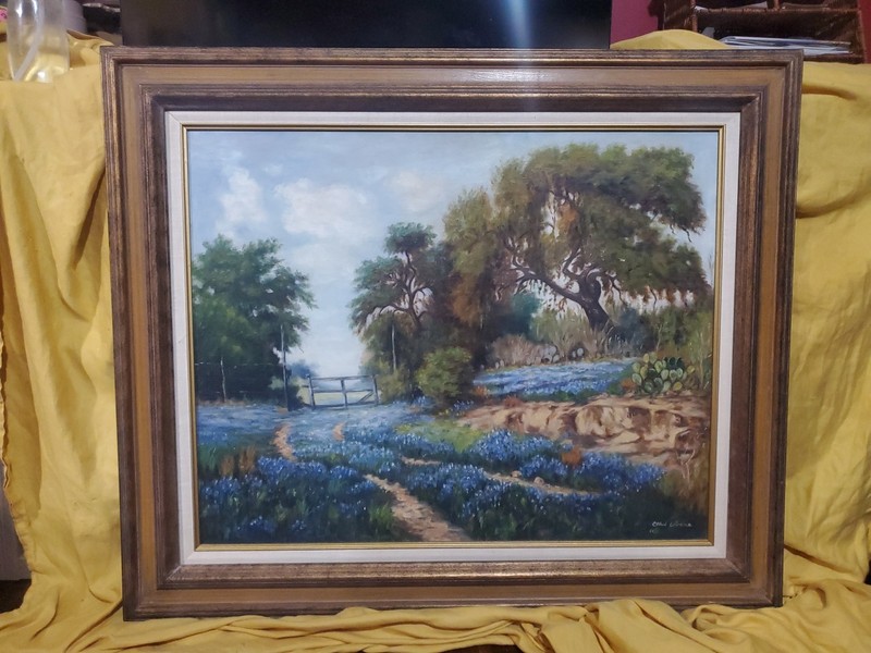 Large Texas Bluebonnet Landscape Oil Painting Signed Ethel Lorenz- Known TX Art