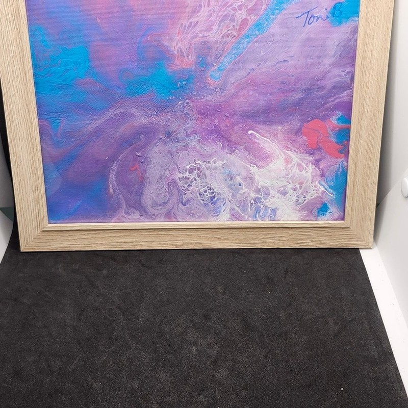 Hand Crafted Purple Blue Pink Abstract Fluid Art Painting Canvas Framed 9x11" gallery