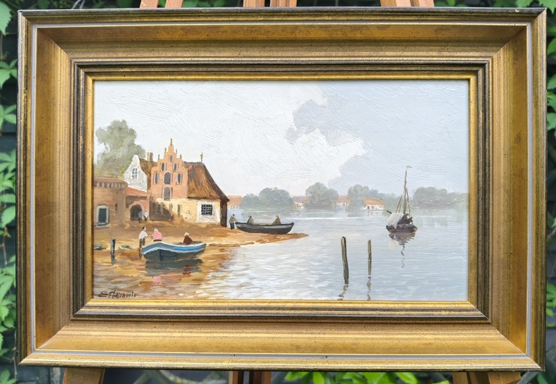 Erich Demmin Oil Painting, Signed, Dutch Waterfront Landscape, 1911–1997