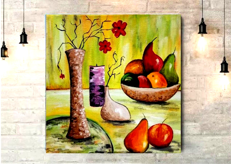 Fruits and flowers in a vase on the table.Original oil painting on canvas 10x10" gallery