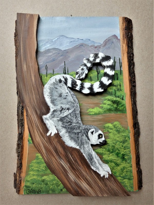 Hand Painted Lemur On Tree Trunk Wood Cut-Out On Live Edge Basswood By Phyllis