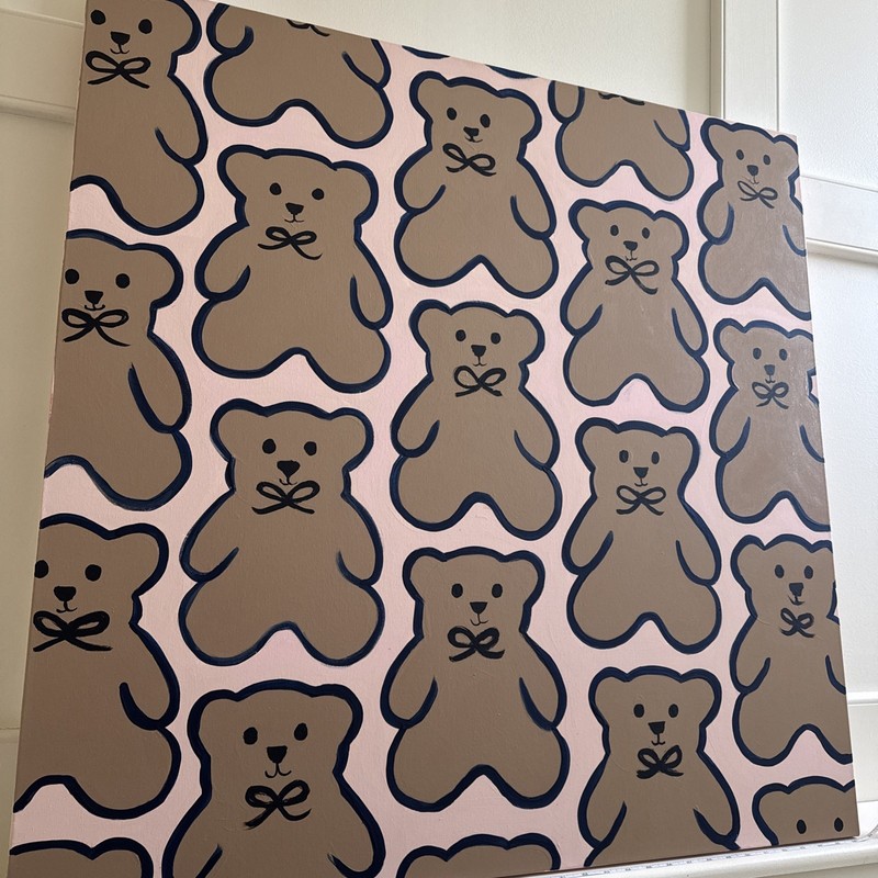 Art On Canvas Teddy Bears Pink & Brown Hand Painted Signed By Me ❤️ 3 ft X 3 ft