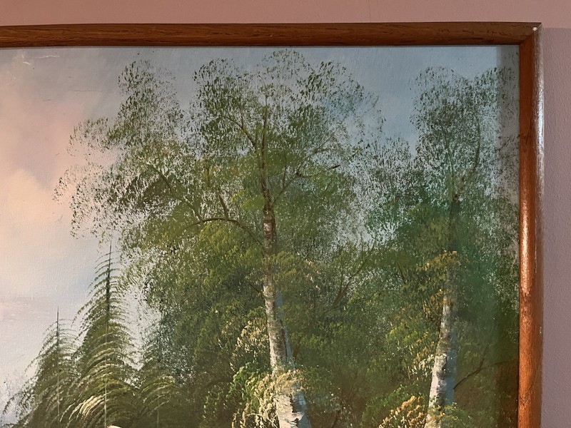 Lakeside Cabin Landscape Framed Oil Painting On Canvas Signed By Taylor 25”x37” gallery