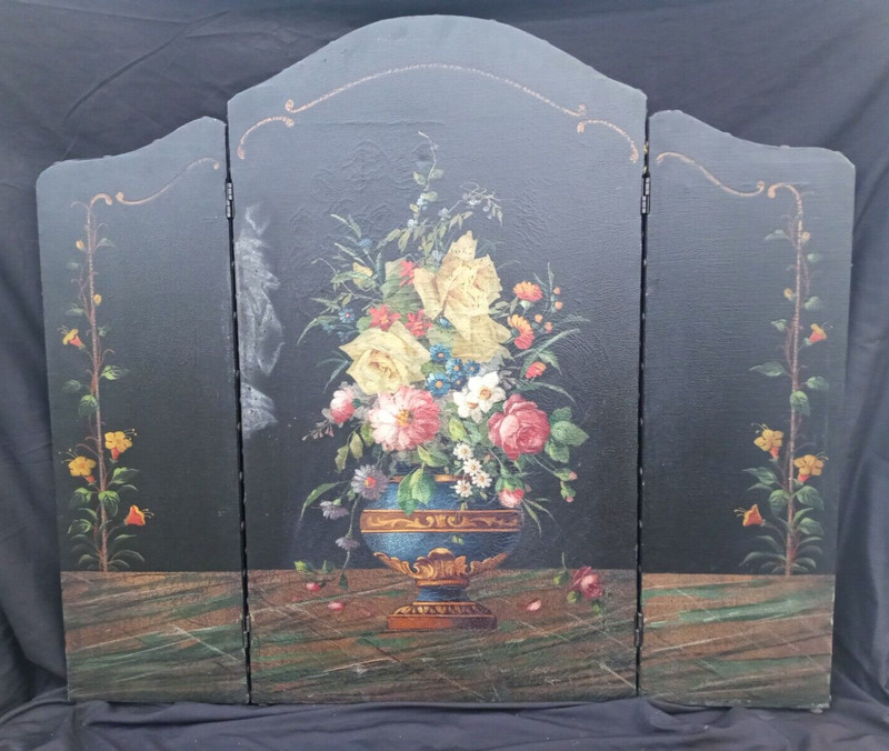 Antique Leather 1920’s Floral Urn Fireplace Screen Oil Painting Folds 37″h x41″