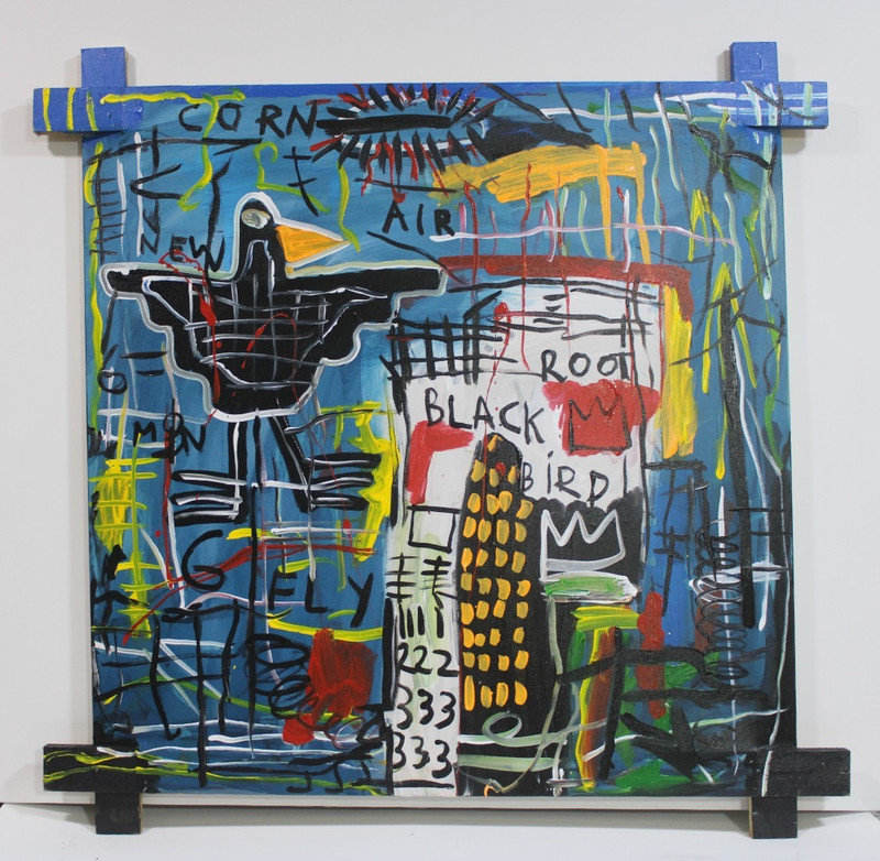 JEAN-MICHEL BASQUIAT ACRYLIC ON CANVAS 1982 WITH TIED WOOD SUPPORTS 35 X 35 in gallery