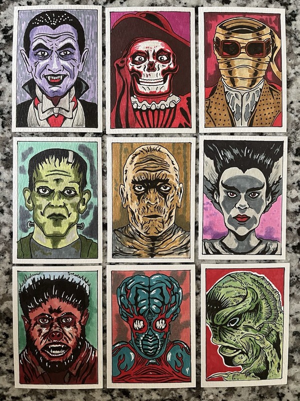 MONSTER – ACEO – Art Sketch (9) Card Set Painting Drawing KISS Frankenstein