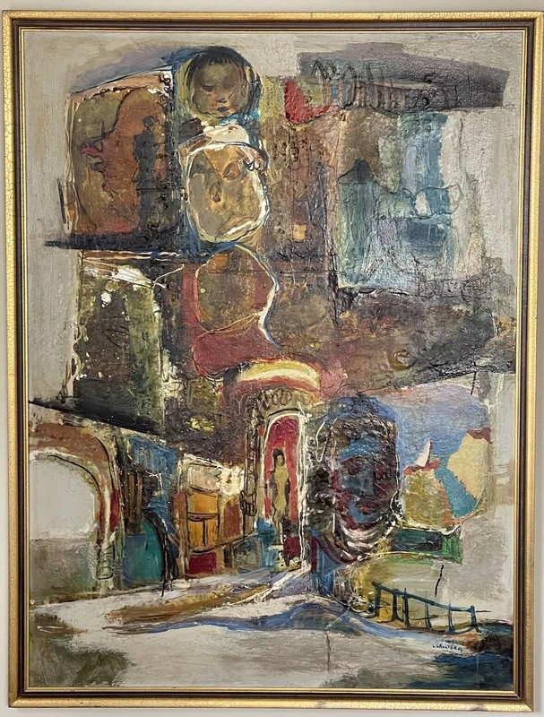 LEON SAULTER ANTIQUE MODERN ABSTRACT EXPRESSIONIST OIL PAINTING OLD VINTAGE 1966