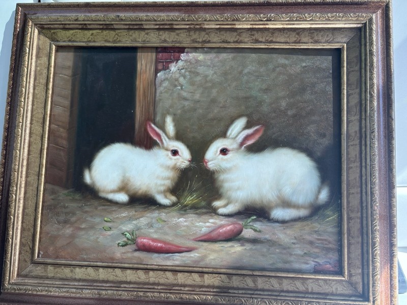 Vintage Oil Painting Two Rabbits with Carrots Framed Canvas Art 13.5×15.5