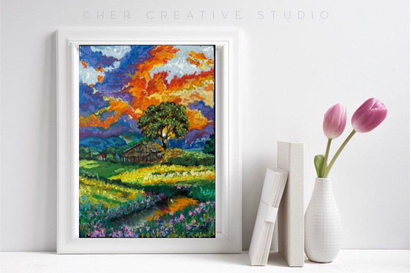 Abstract Landscape Original Art House in the Field Wall Art Oil Pastels Sunset gallery