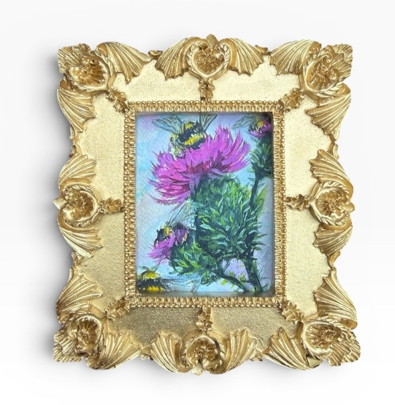 Bumblebee & Thistle miniature art watercolor print in vintage ornate frame