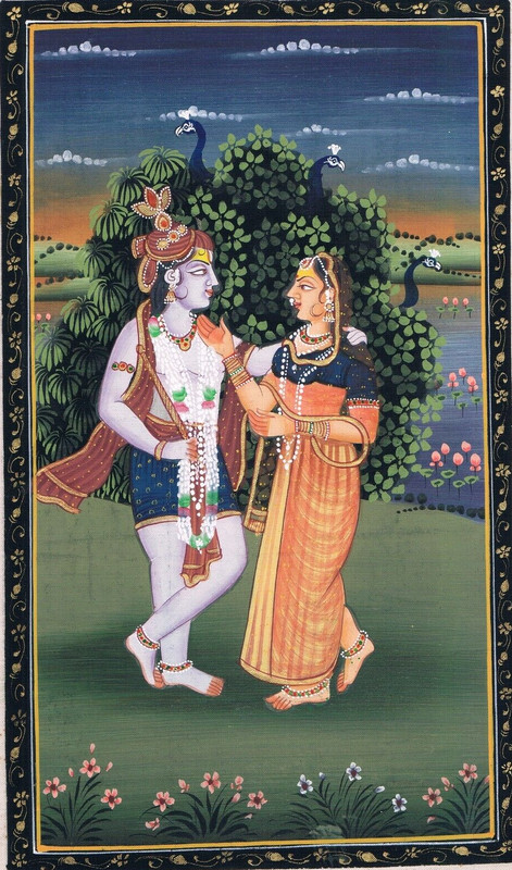 Beautiful Painting Of Radha Krishna In Love Scene Art On Silk Cloth 7x11 Inches gallery