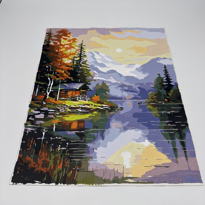Vintage MCM Paint By Numbers Unframed Alpine Cabin Lake Fall 16×20″