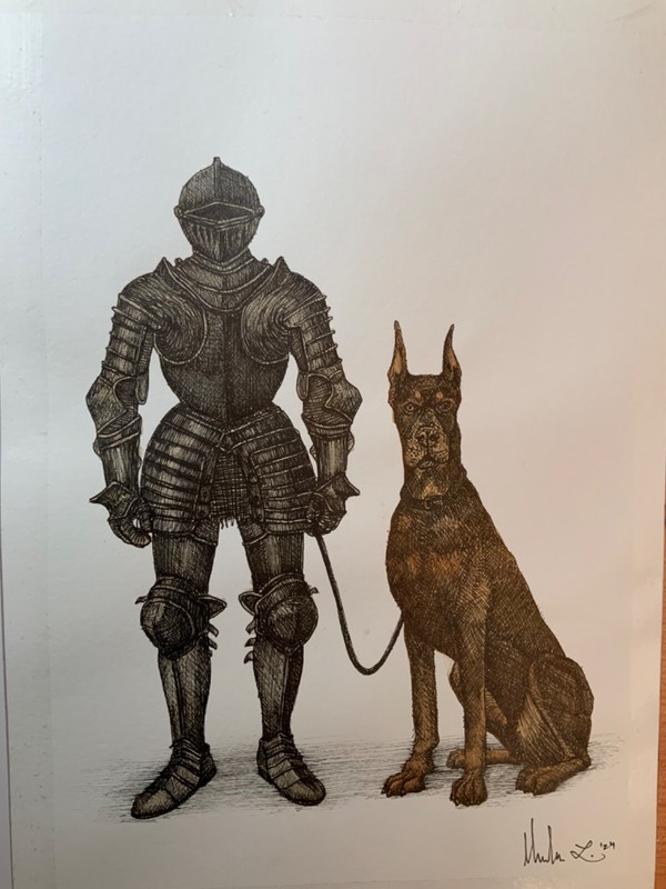 Armor and Doberman, dog, medieval,pet,mystery, magritte, original by Milan Zazel