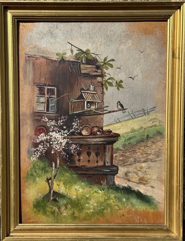 Vintage Framed Oil painting: Birds Living On The Backside Of The House Out Door