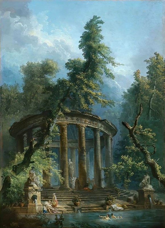 Oil painting Hubert-Robert-The-Bathing-Pool landscape handmade canvas