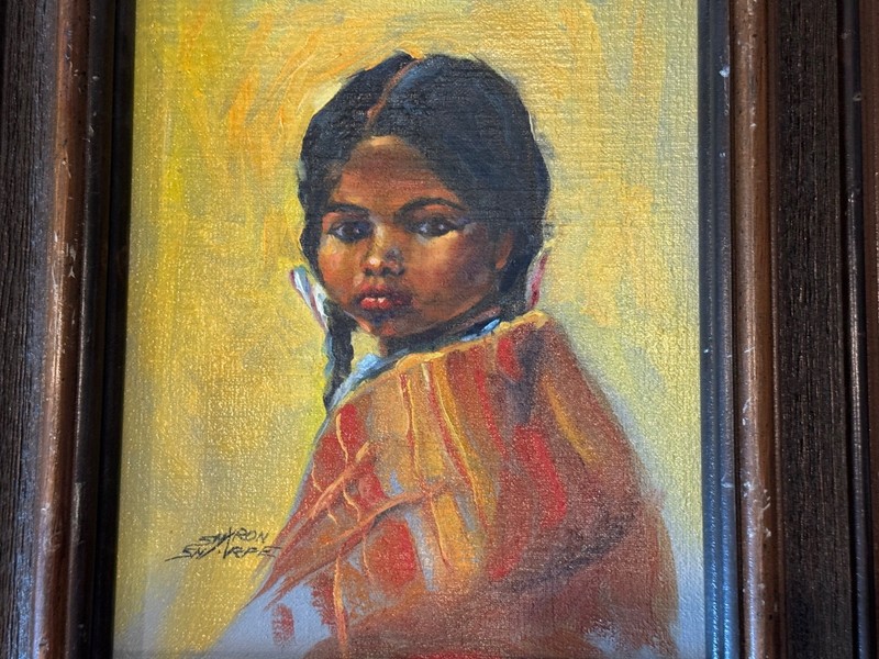 Sharon Sharpe Signed Oil on Canvas Painting of Young Native American Girl 2 of 2 gallery
