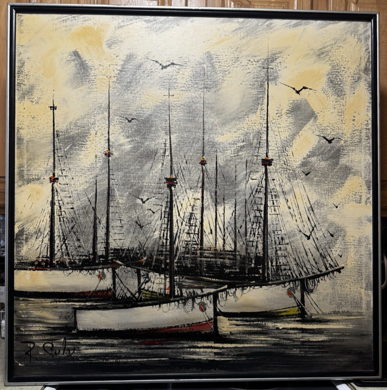 Vintage Mid-Century Oil Painting signed R Styles Nautical Sailboats Seascape 37″