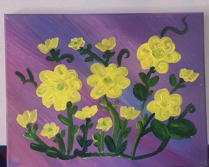 Yellow Floral Acrylic Painting Purple Flower Wall Art Original 11x14 gallery