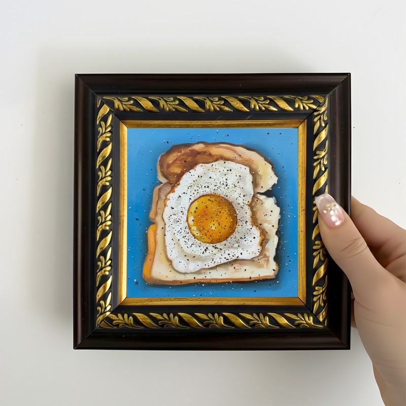 Egg Toast on Brown Gold Mini Framed Hand Painted Food Art 4×4