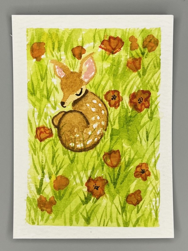 ACEO Original Art – Fawn Sleeping in Flower Meadow – 2 of 3 2.5”x3.5” CCCArt_MJ