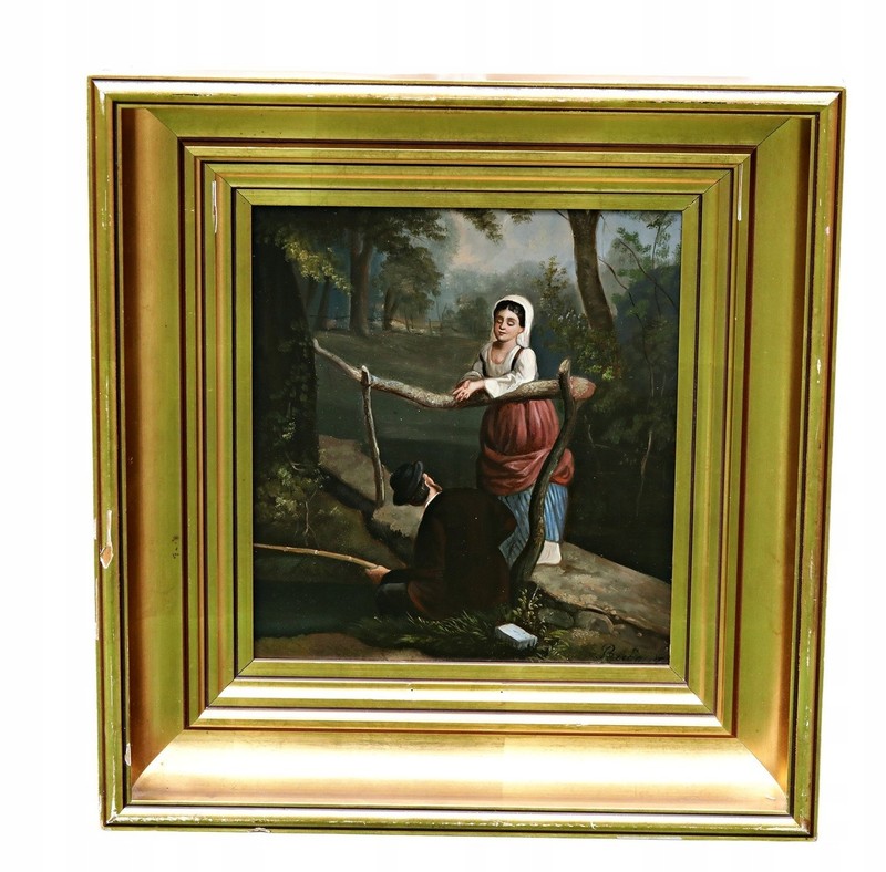 Antique Oil Painting On Metal Angler With Woman 19th Century OOAK Framed