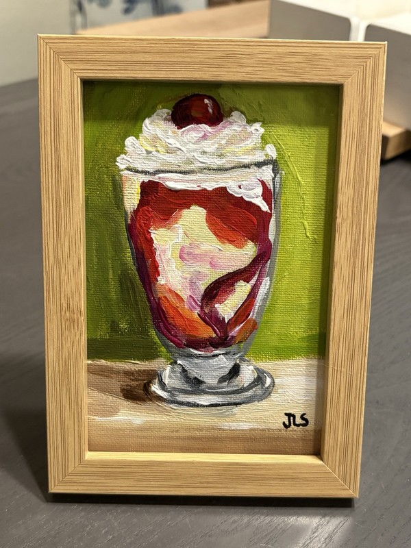 Ice Cream Sundae 4 X 6” Framed Acrylics on Canvas Panel Original Painting