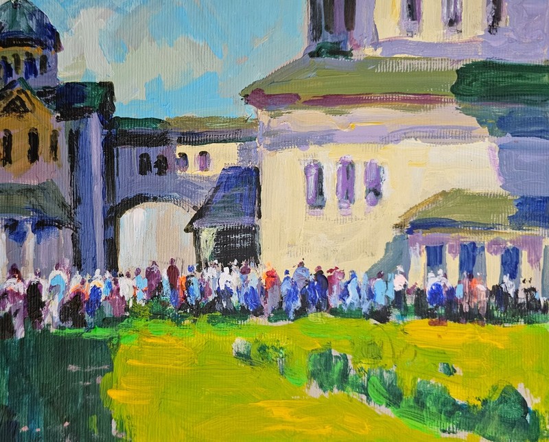 Acrylic painting Crowd Ukrainian painter cardboard Unframed original landscape gallery