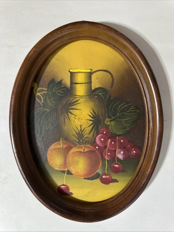 Vintage Still Life Painting Framed Cherries Fruit Floral 7.5×10.5