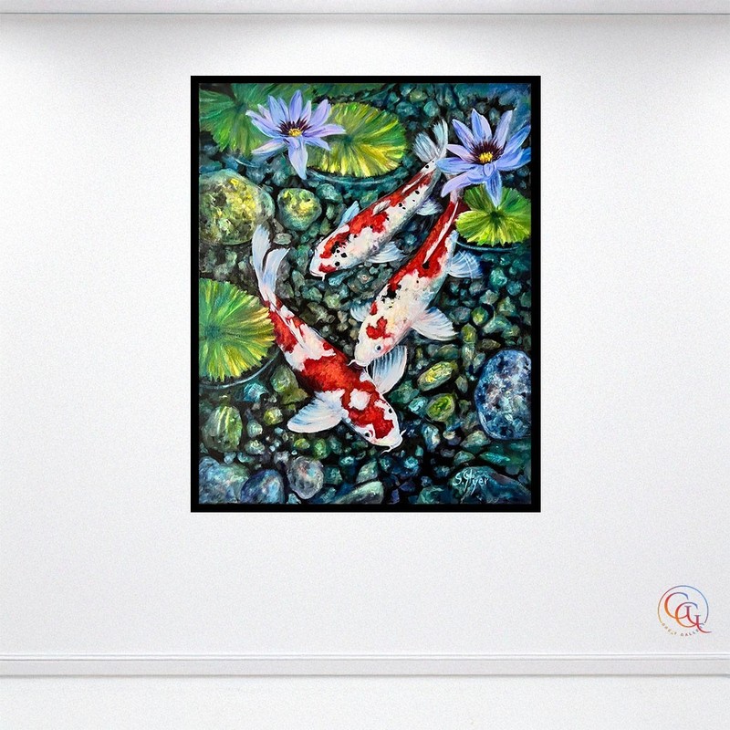 Original Oil Painting Koi Fish in Pond Wall Art