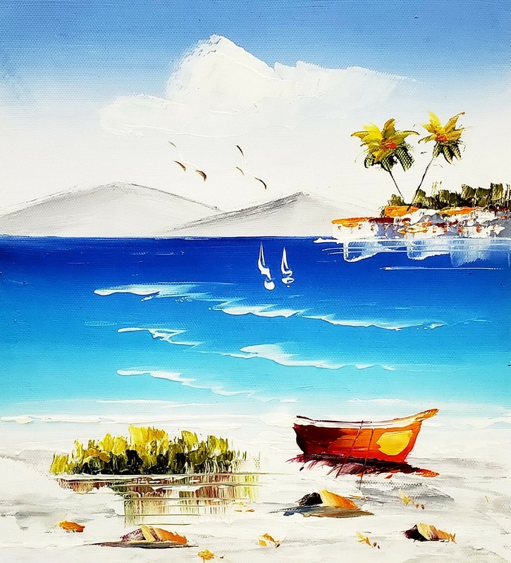 8×10-Stretched-Palm Tree Island #6- Oil Painting on Canvas-(Not Framed)