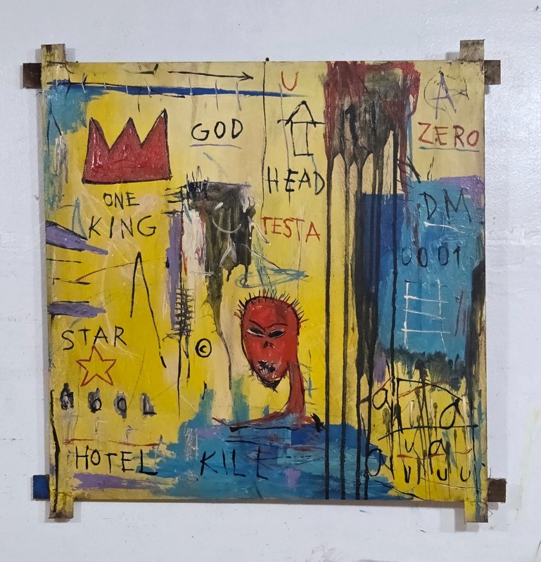 JEAN-MICHEL BASQUIAT ACRYLIC ON CANVAS 1982 WITH TIED WOOD SUPPORTS 32 X 32 IN.