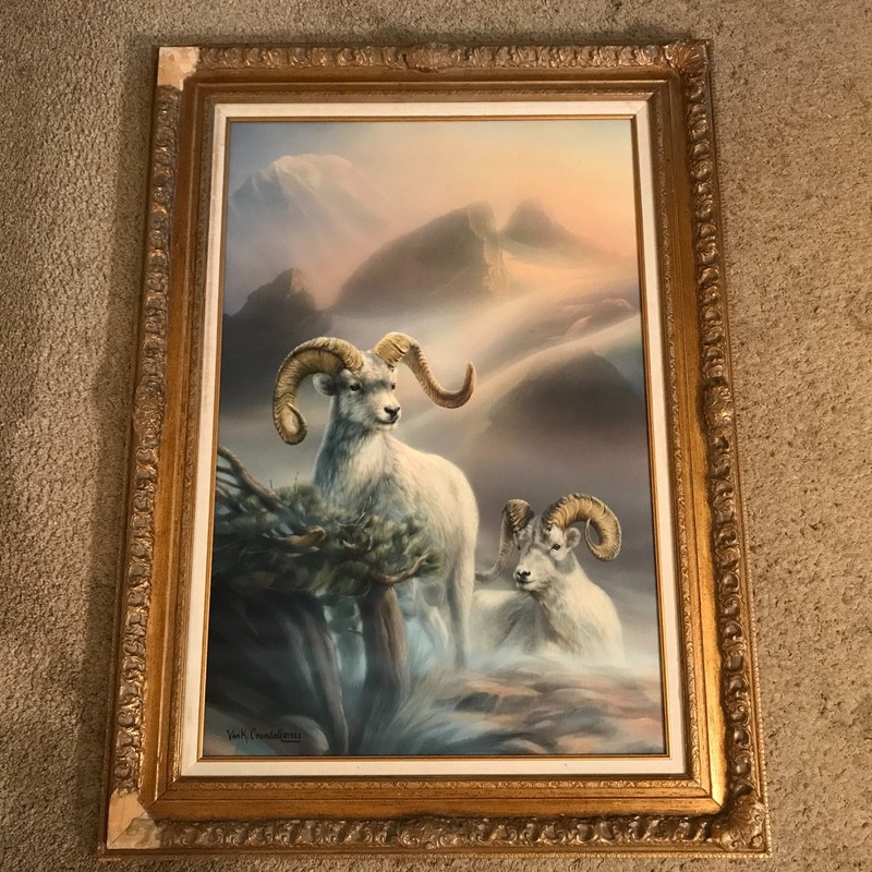 Vivi K. Crandall Oil on Canvas Painting of Rams in a Mountain Landscape