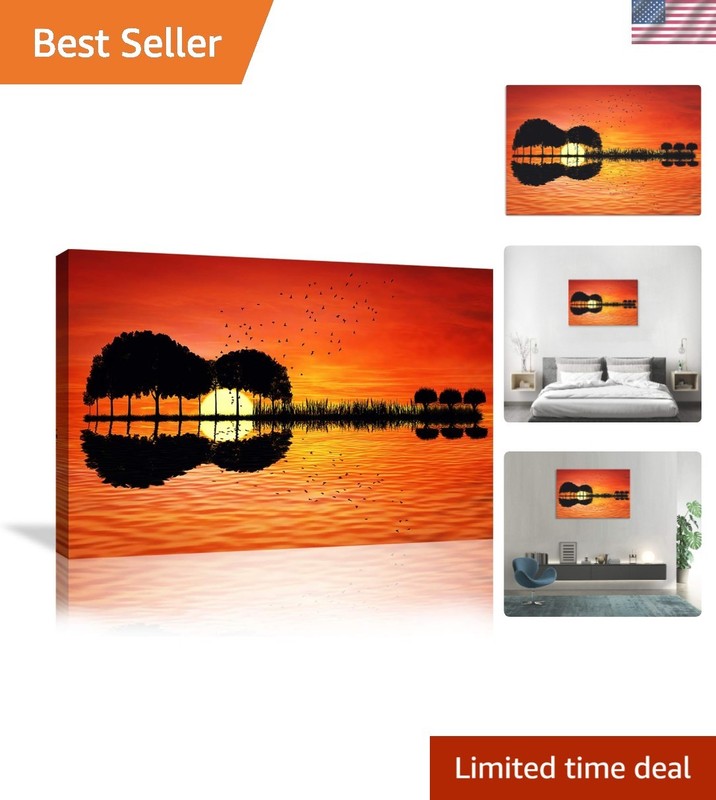 Music Abstract Guitar Tree Lake Sunset Art Canvas Painting Living Room Decora…