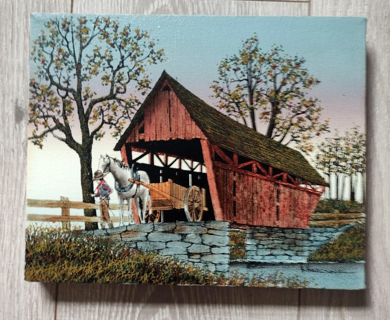 Vintage H. Hargrove serigraph oil painting Covered bridge amish horses, Signed gallery