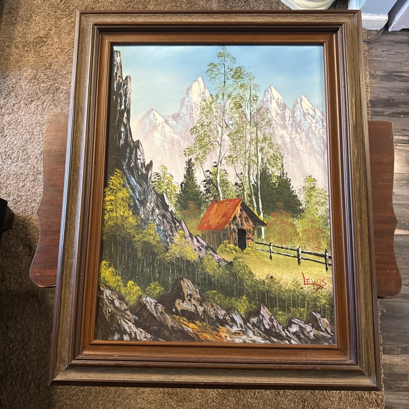 Vintage Oil Painting Barry Lewis Signed Outdoor Cabin In Mountain 23 X 29 in OD