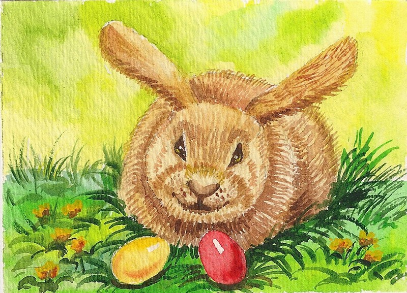 ACEO PRINT OF PAINTING RYTA RABBIT BUNNY EASTER VINTAGE STYLE Folk Art Egg 🌸