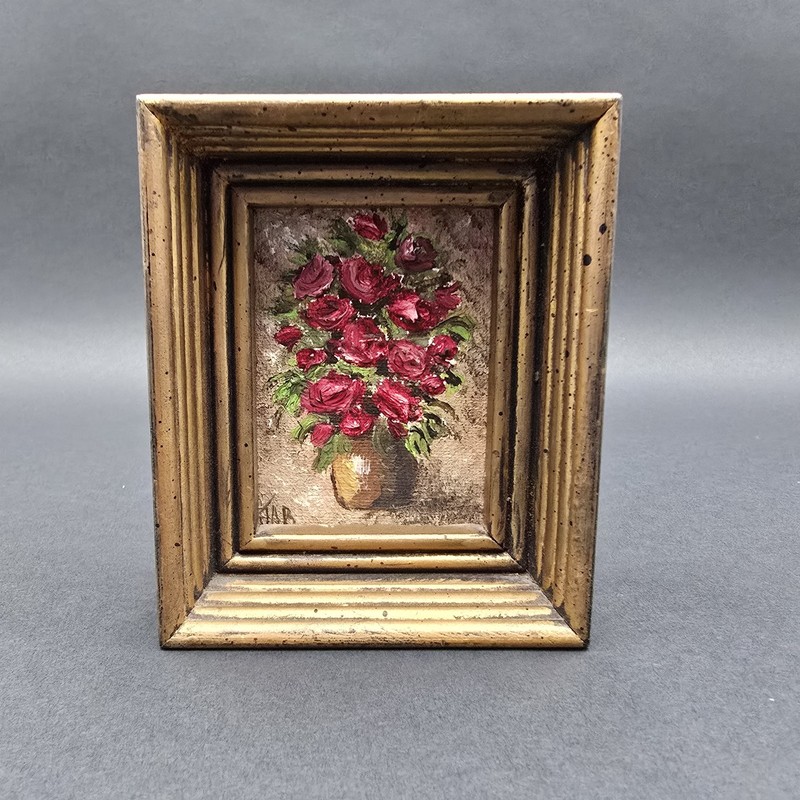 Vintage ORIGINAL Miniature Rose Bouquet Painting 4.25 in Signed Judy Balthazar