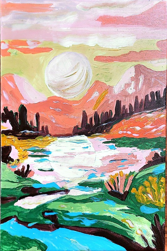Desert Landscape Trail Expressionist Abstract 11.5 x7.5 Acrylic On Canvas Signed
