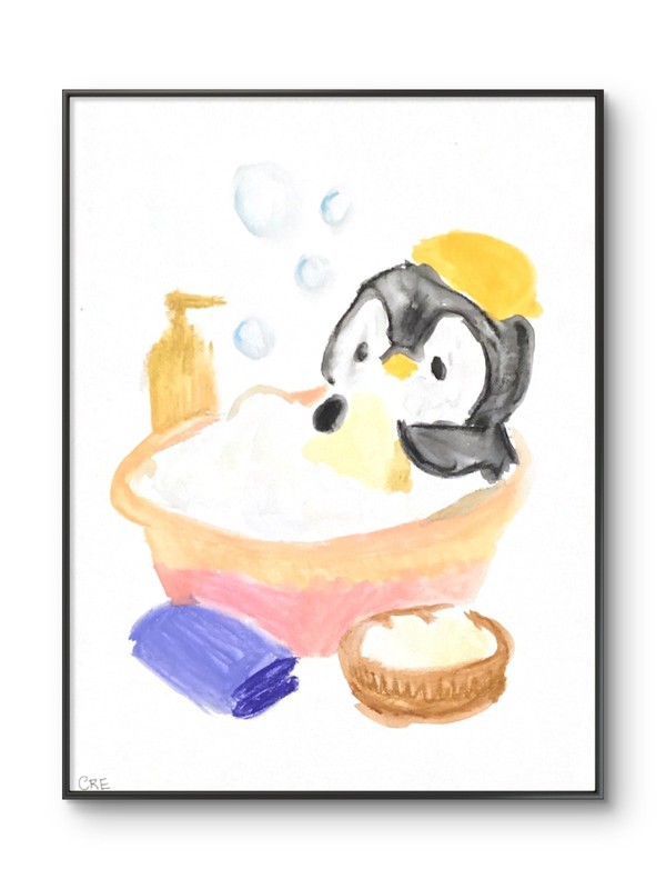 Penguin Spa Relaxing Bubble Bath Tub Original Art 11 by 14 Canvas Panel