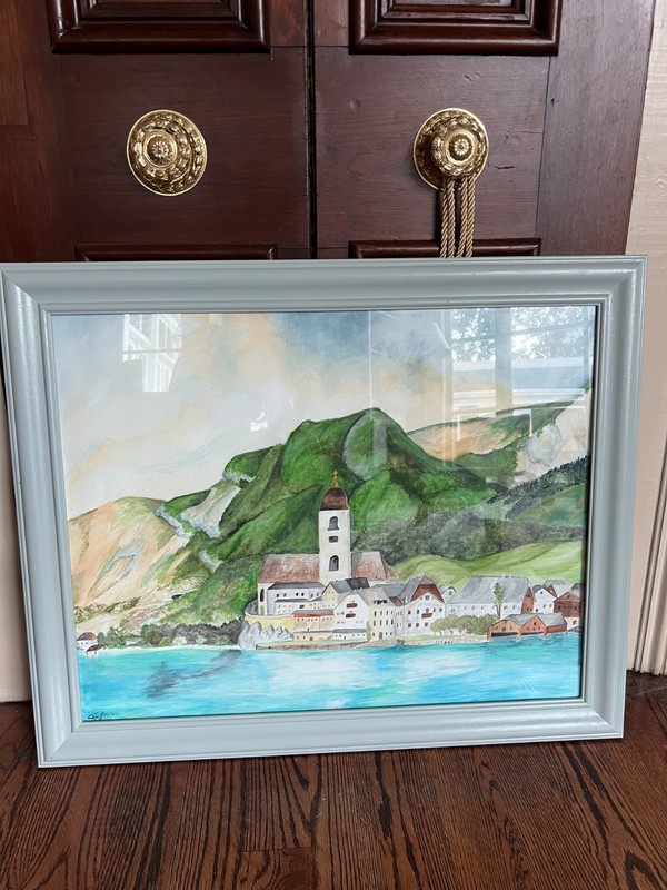 Original European Village Landscape Painting – Alpine Lake Scene – Signed Artwor