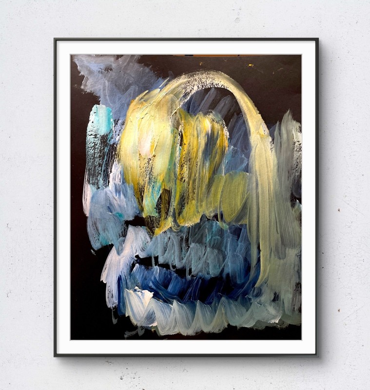 Mary Myers Original Acrylic Elegant Abstract Gold Blue Form 11×14 Paper