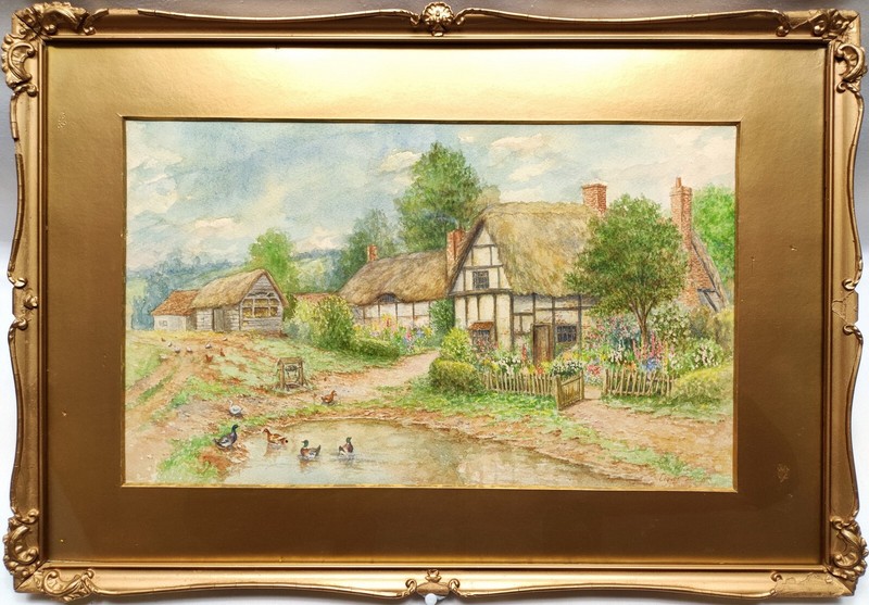 CLAUDE STRACHAN (ATTRIB) WATERCOLOUR PAINTING COTTAGE SCENE SIGNED 22CM x 37.5CM