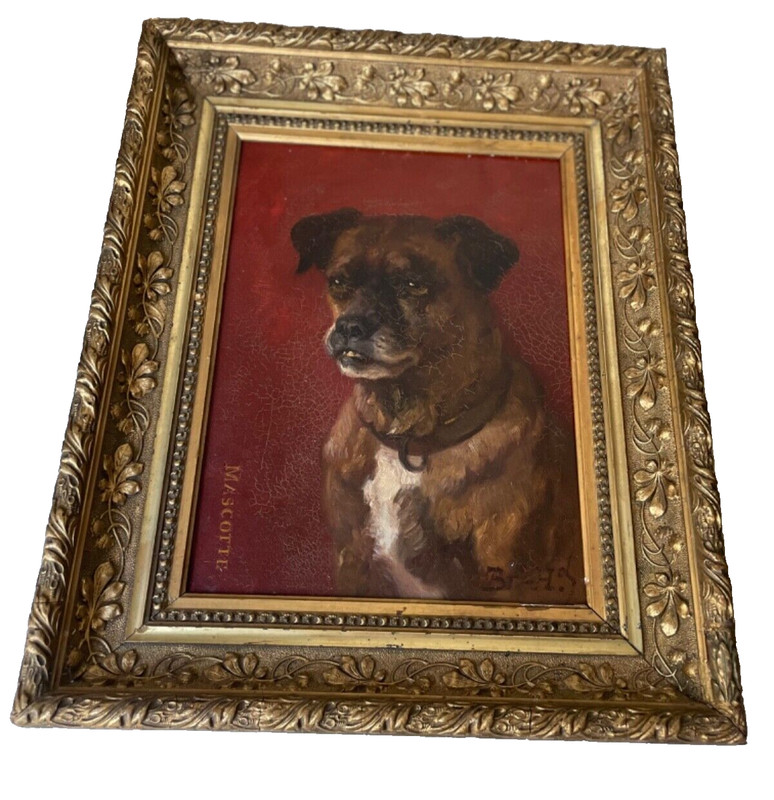 19th Fine Impressionist Oil on Canvas - Dog PUG with a Collar gallery