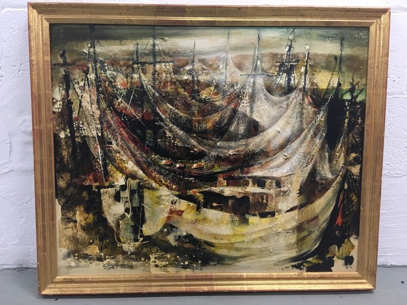 Stan Burns Original Painting “Fishing Nets” Signed Abstract Painting Mid Century