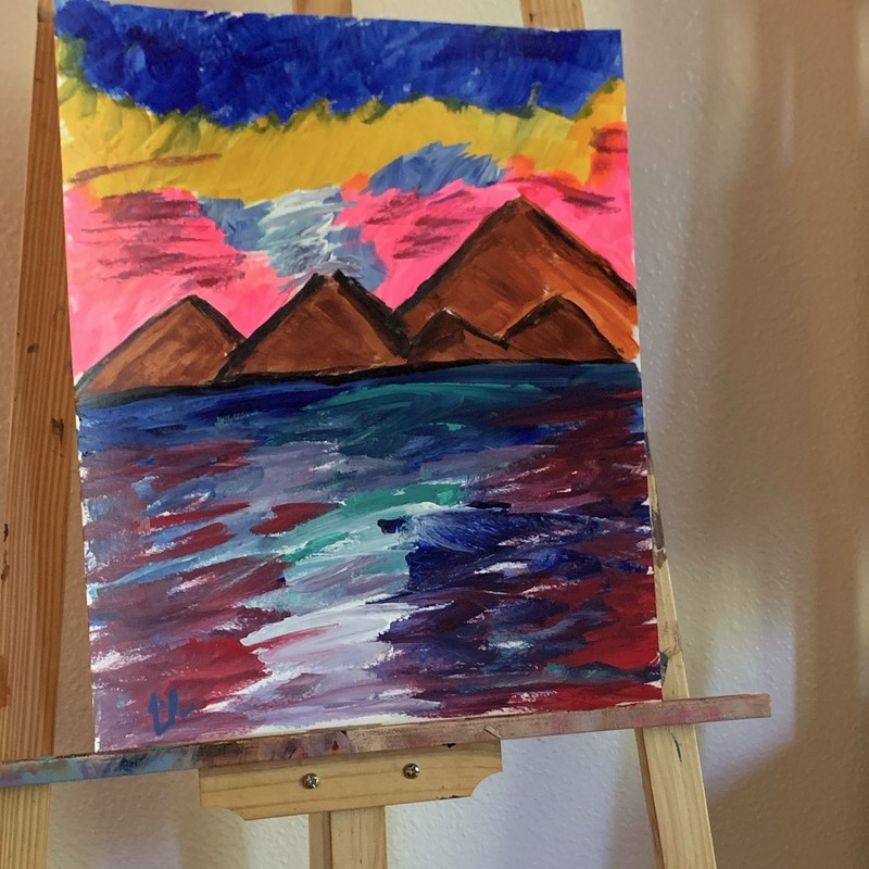 Signed Abstract Seascape Landscape Mountains Painting, Nature Theme, Unframed